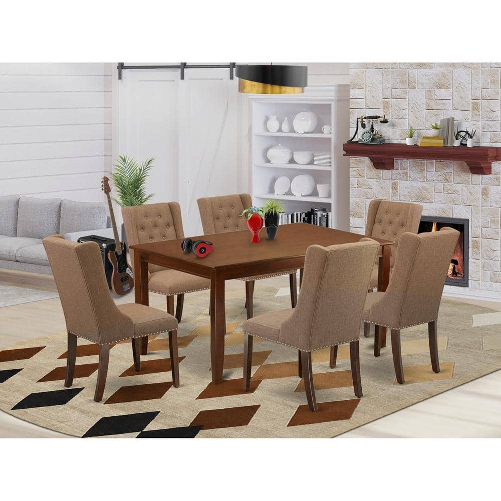7-Piece Rectangle Mahogany Finish Solid Wood Top Dining Table with 6 Chairs with Lattice Back