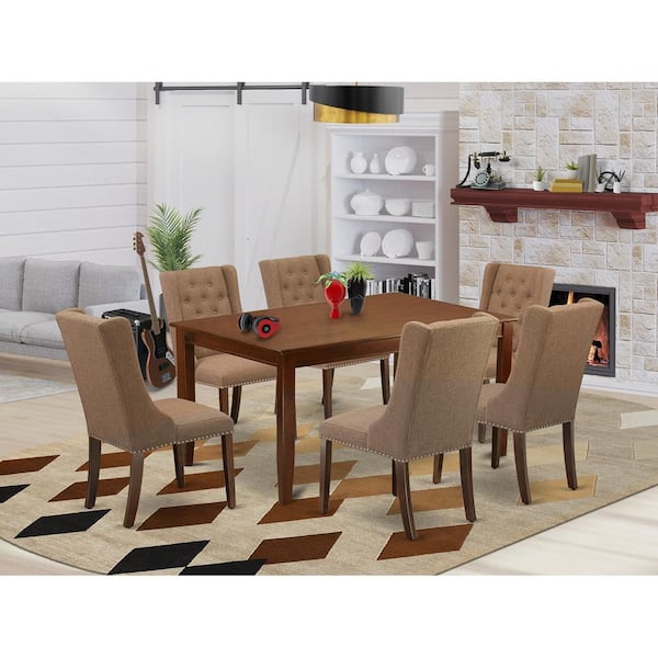 East West Furniture 7-Piece Rectangle Mahogany Finish Solid Wood Top Dining Table with 6 Chairs with Lattice Back