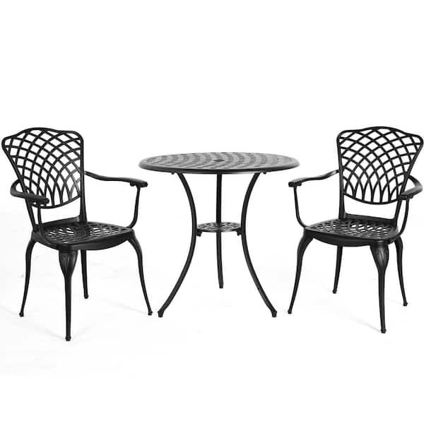 3-Piece Black Cast Aluminum Round Table Outdoor Bistro Set with Umbrella Hole