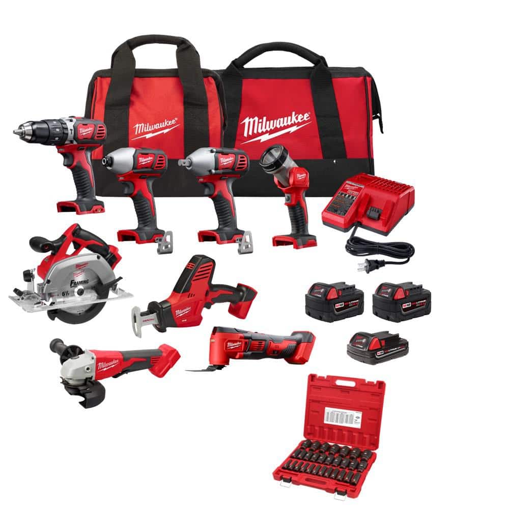 Milwaukee M18 18V Lithium-Ion Cordless Combo Kit (8-Tool) with (3) Batteries, Charger and (2) Tool Bags and Impact Socket Set 2696-28-49-66-7015 - The Home Depot