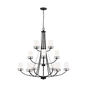 Robie 12-Light Midnight Black Craftsman Modern Transitional Empire Chandelier with Etched White Inside Glass Shades
