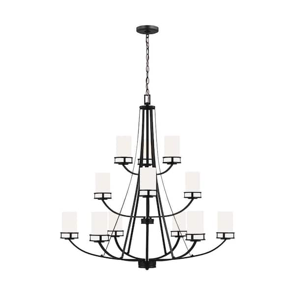 Generation Lighting Robie 12-Light Midnight Black Craftsman Modern Transitional Empire Chandelier with Etched White Inside Glass Shades
