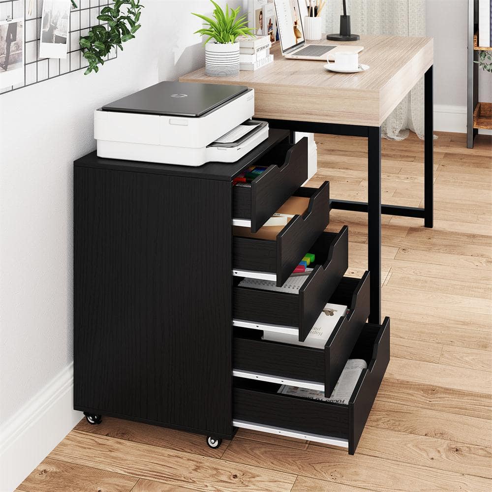 Black MDF 5-Drawer Mobile Storage Cabinet with Wheels