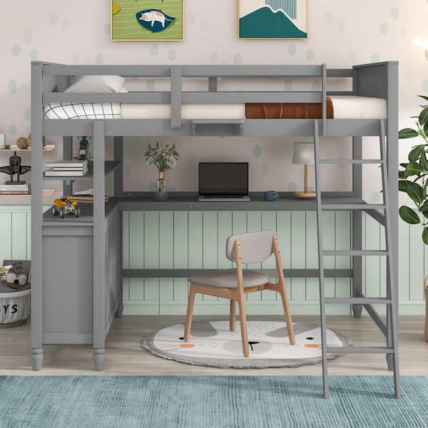 Polibi Full size Loft Bed with Drawers and Desk, Wooden Loft Bed with Shelves-Gray