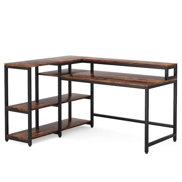 TRIBESIGNS WAY TO ORIGIN Ariana 55 in. L-Shape Black Metal Brown Particle Board Wood Top Corner Computer Desk with Monitor Stand Storage Shelf