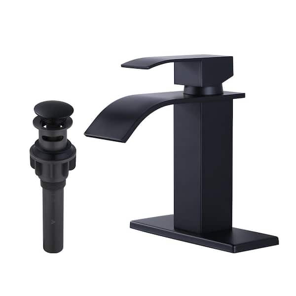 Modern Single Handle Bathroom Sink Faucet, Single Hole Basin Faucet with Deckplate and Supply Lines in Matte Black