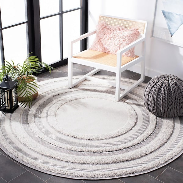 Cottage Ivory/Gray 7 ft. x 7 ft. High-Low Border Indoor/Outdoor Round Area Rug