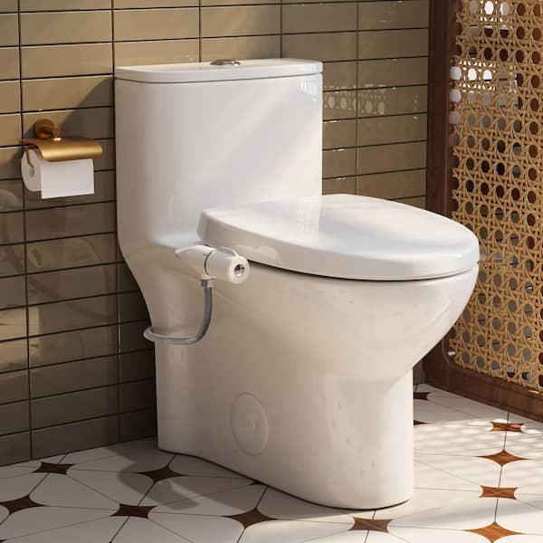 Elongated Dual Flush 1.1/1.6 GPF One Piece Toilet in White with Ultra-Slim Bidet Attachment, Multi Spray & Nozzle Guard