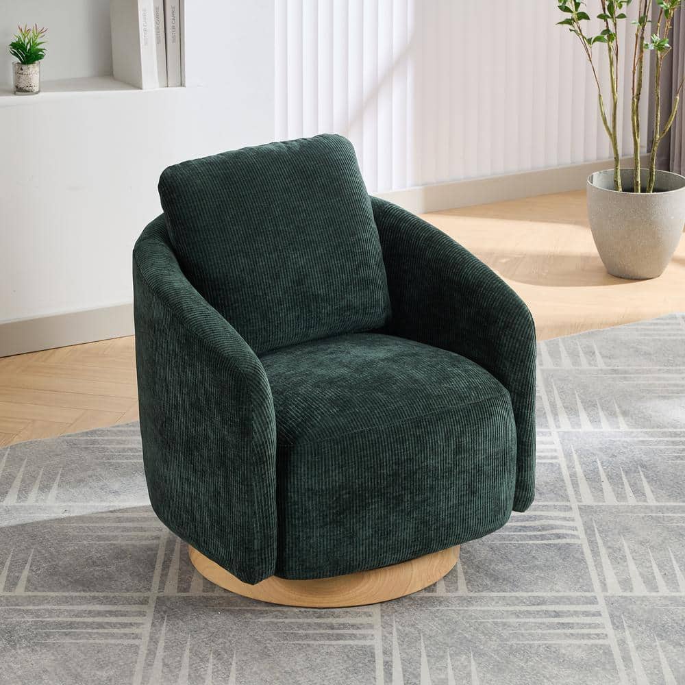 Forest Green Chenille Swivel Barrel Chair with Rubber Wood Base