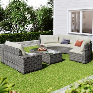 Beige 8-Pieces Outdoor Patio Wicker Conversation Seating Sofa Set with Coffee Table, Beige Movable Cushion