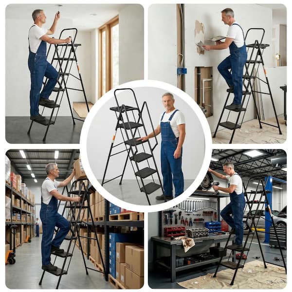 5.9 ft. Steel Lightweight Folding Step Ladder (10 ft. Reach) with Tool Tray, 500 lb. Load Capacity Type IAA Duty Rating