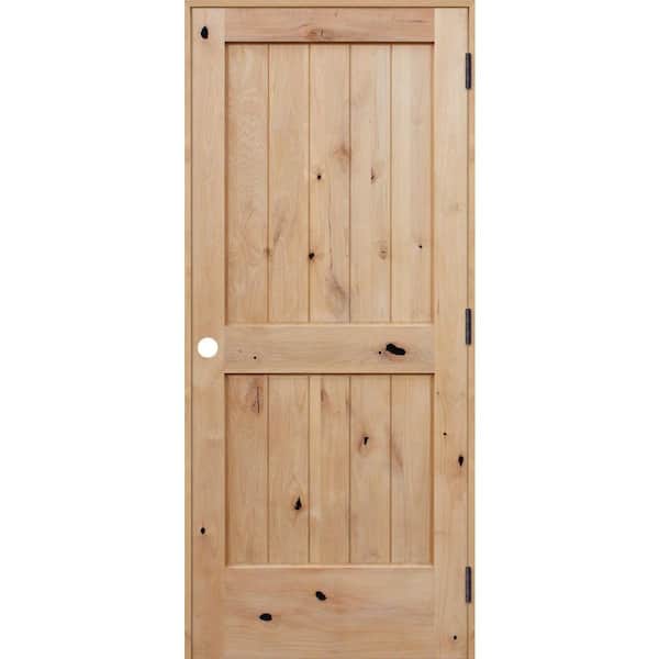 Pacific Entries - 30 in. x 80 in. Rustic Unfinished 2-Panel V-Groove Solid Core Knotty Alder Wood Reversible Single Prehung Interior Door