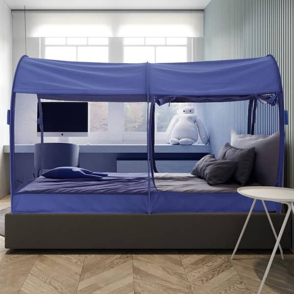Indoor Pop Up Portable Frame Mosquito Net Bed Canopy Tent Full Curtains Breathable Navy Cottage (Mattress Not Included)