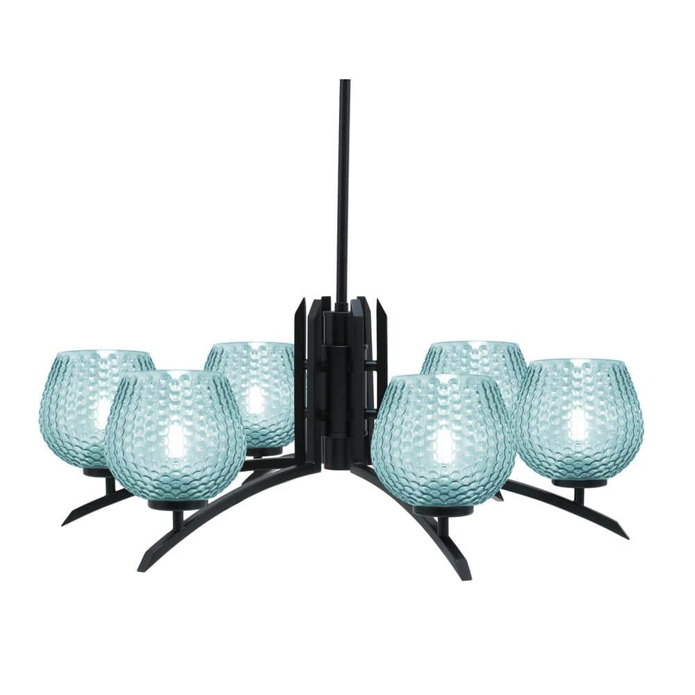 Siena 6-Light Matte Black Chandelier, Round Chandelier with Turquoise Glass