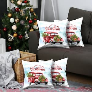 Christmas Car Decorative Throw Pillow Square 18 in. x 18 in. White and Red for Couch, Bedding (Set of 4)