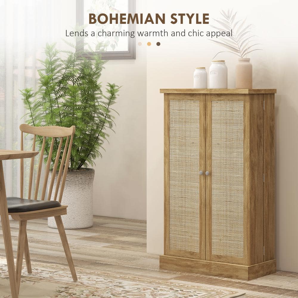 HOMCOM 40.9" Kitchen Pantry Storage Cabinet, Freestanding Kitchen Cabinet with Rattan Doors 5-Tier Shelf 12 Spice Racks Adjustable Shelves Natural