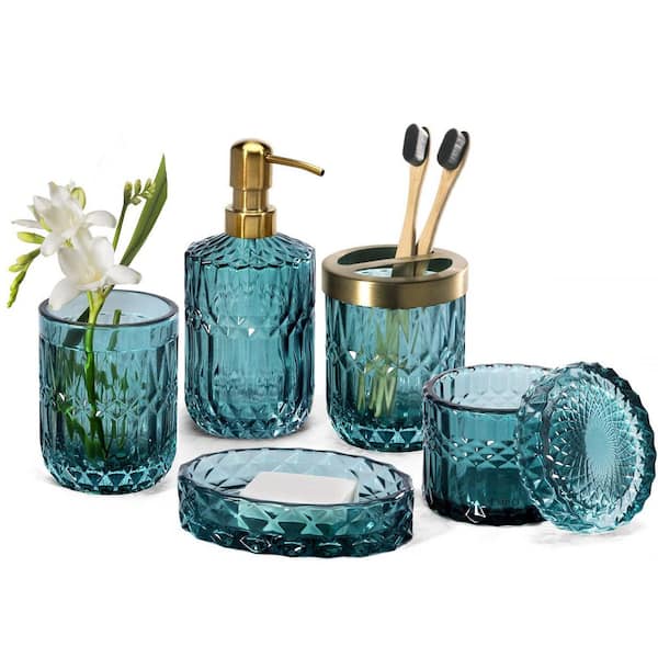 6-Piece Clear Glass Bathroom Accessory Set in Ocean Teal Blue, Contemporary Modern Decor Crystal Vintage Gift