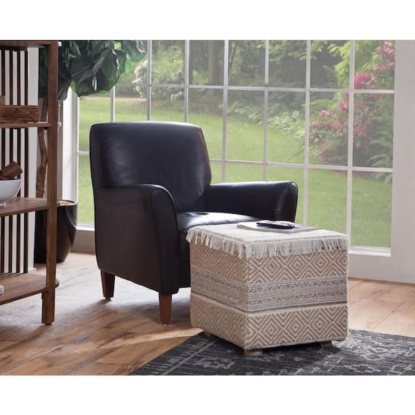Martin Svensson Home Mazatlan Cream and Beige Jacquard Cotton Square Upholstered Stool Pouf
