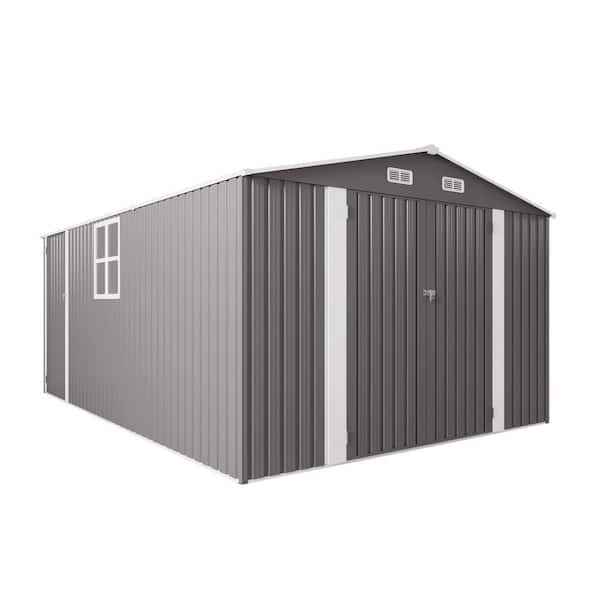 10 ft. W x 14 ft. D Grey Metal Storage Shed with 3 Lockable Doors and Window for Backyard, Patio, Garden(140 sq. ft. )