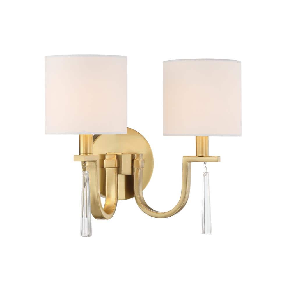 Fortuna Satin Brass 2-Light Sconce with White Linen Shades