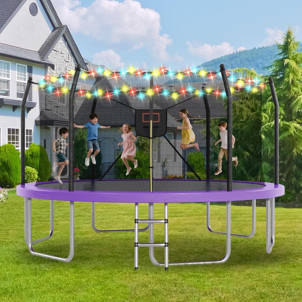 16FT Outdoor Trampoline with LED Lights & Basketball Hoop for All Ages