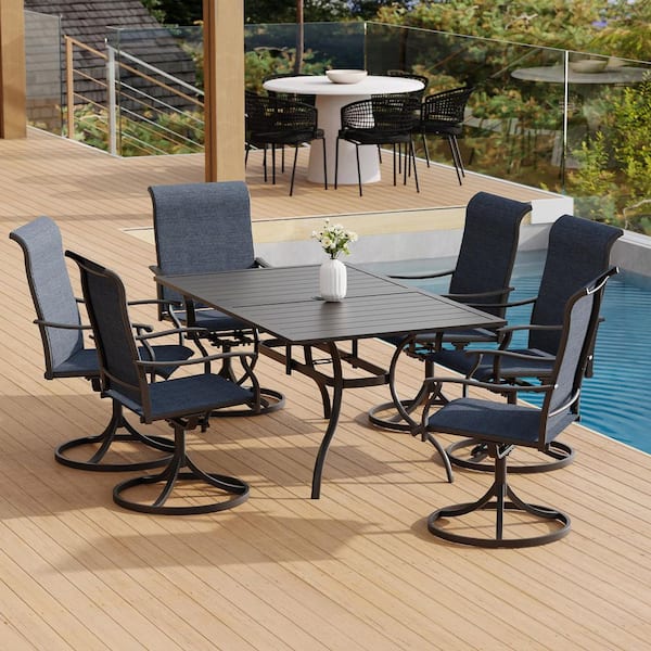 Anmutig 7-Piece Metal Outdoor Patio Dining Set Rectangular Dining Table with 6-Sling Swivel Chairs-Blue