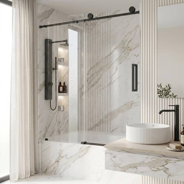 Elan 56 to 60 in. W x 66 in. H Frameless Sliding Tub Door with VMotion in Matte Black with Clear Glass