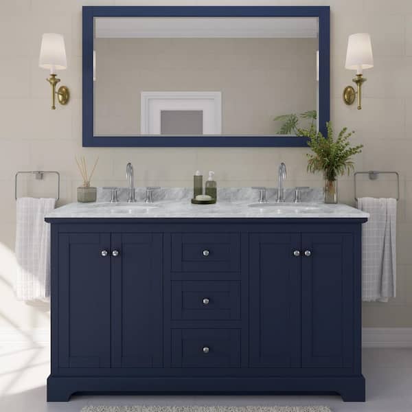 Avery 60 in. W x 22 in. D x 35 in. H Double Bath Vanity in Dark Blue with White Carrara Marble Top