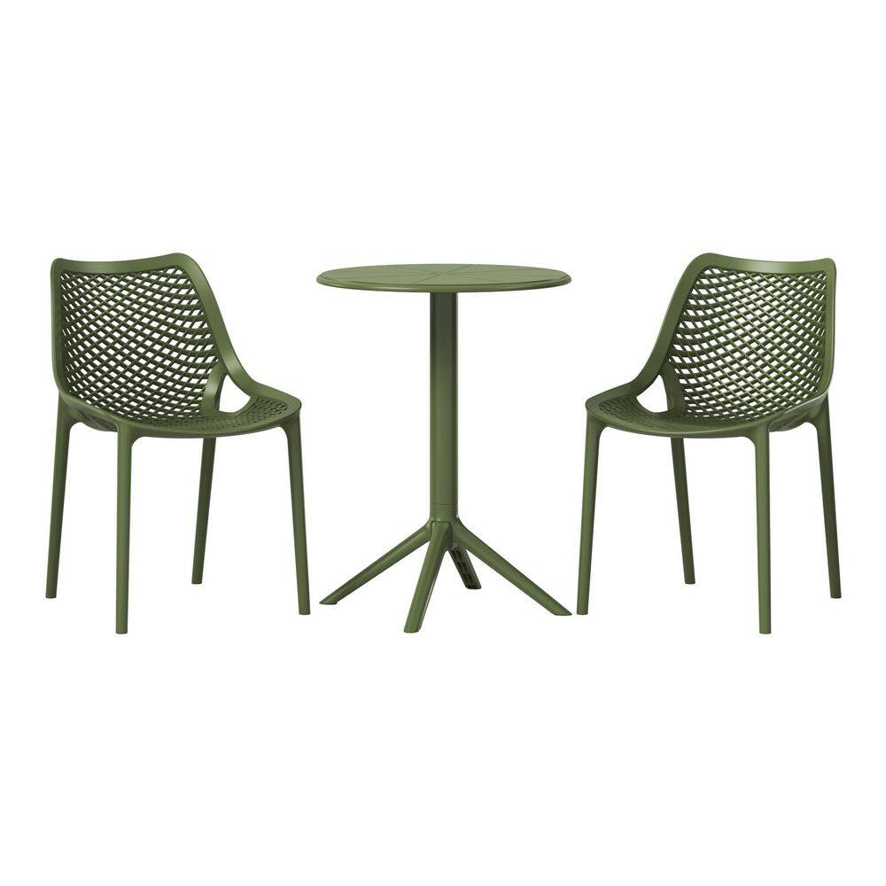 Frond and Form Outdoor Patio Modern HDPE Plastic 3-Piece Indoor/Outdoor Bistro Set w/ Stackable Chairs, Olive Green price history on PriceWatchPro