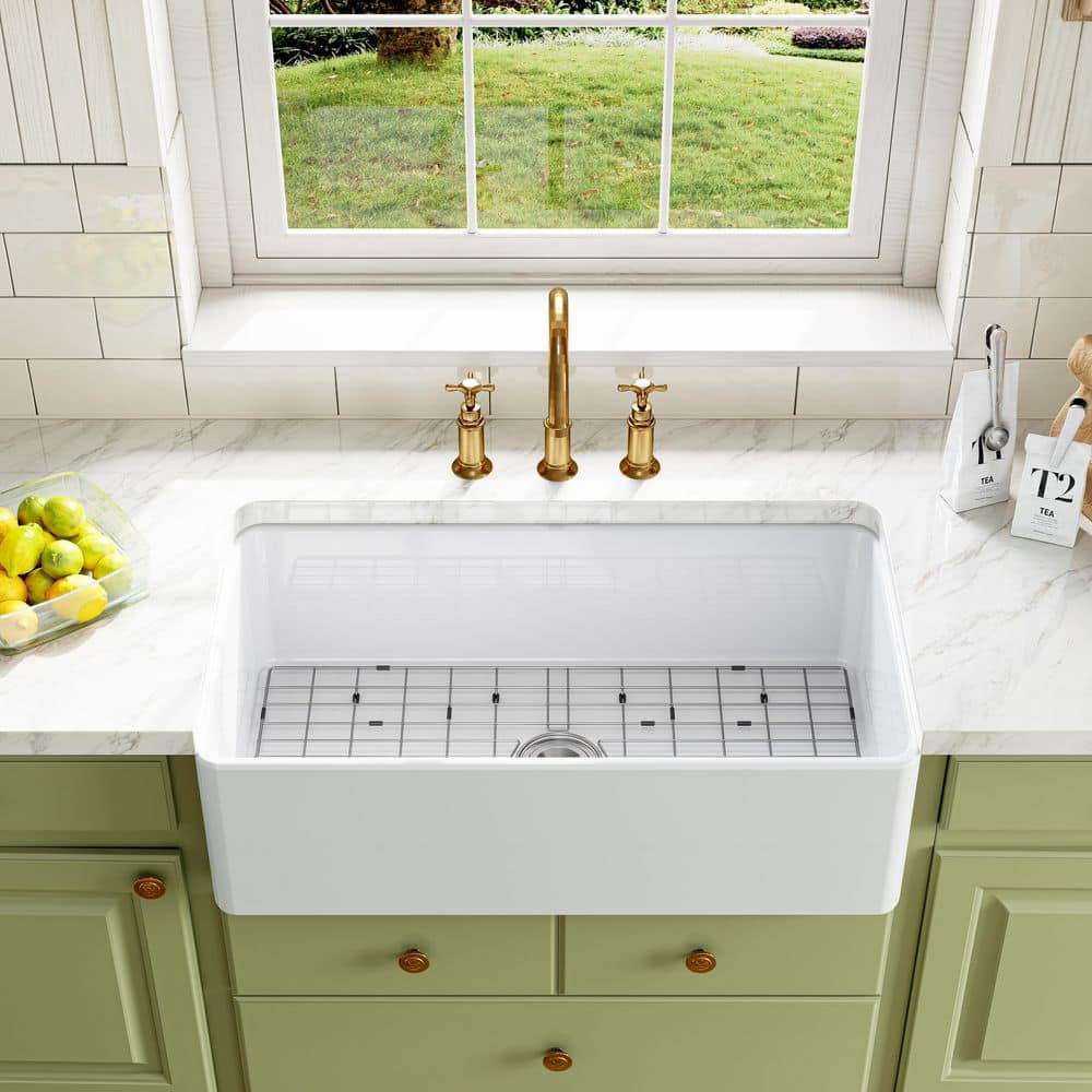 HOROW White Fireclay 33 in. L x 18 in. W Rectangular Single Bowl