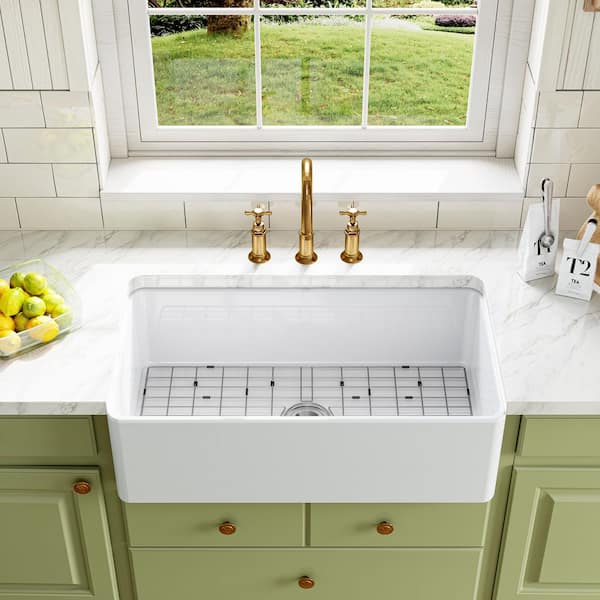 White Fireclay 33 in. L x 18 in. W Rectangular Single Bowl Farmhouse Apron Kitchen Sink with Grid and Strainer