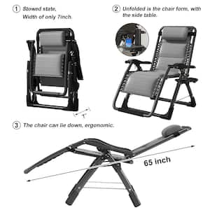 Folding Zero Gravity Metal Frame Recliner Outdoor Lounge Chair With Side Tray, Adjustable Headrest, Gray Cushion
