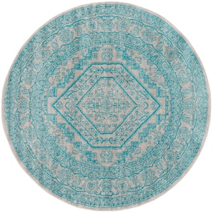 Adirondack Light Gray/Teal 6 ft. x 6 ft. Round Border Area Rug