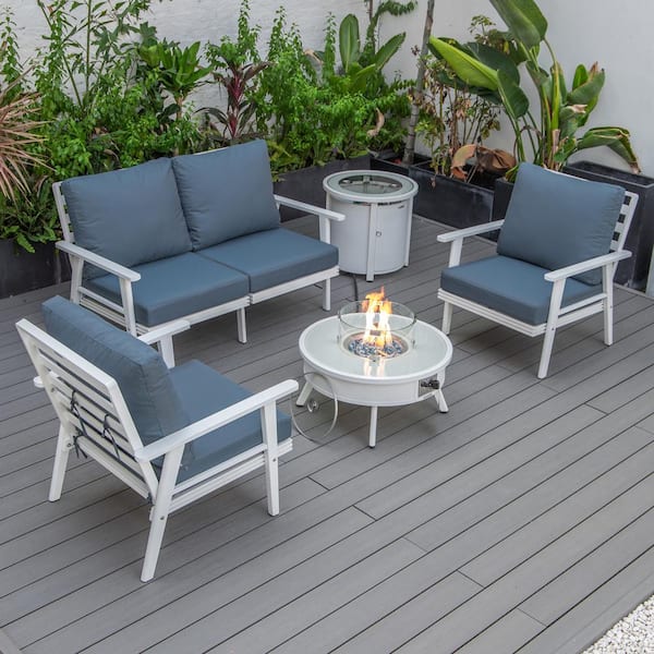 Leisuremod Walbrooke White 5-Piece Aluminum Round Patio Fire Pit Set with Navy Blue Cushions and Tank Holder