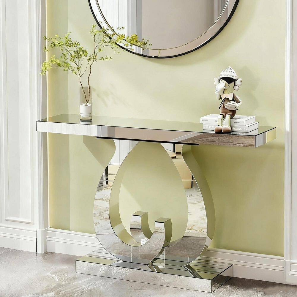 Polibi 39.37 in. Silver Rectangle Glass Top Console Table with