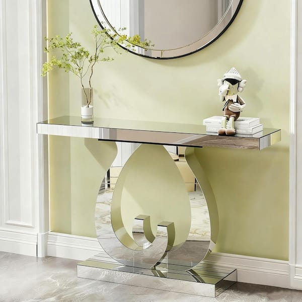 Polibi 39.37 in. Silver Rectangle Glass Top Console Table with