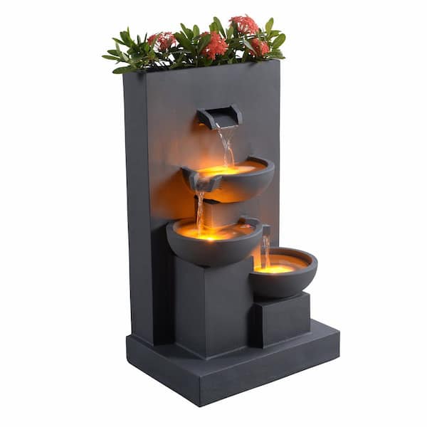 29.13 in. 3-Tier Outdoor Water Cascade Fountain with Planter, LED Lights for Outdoor Living Spaces in Gray