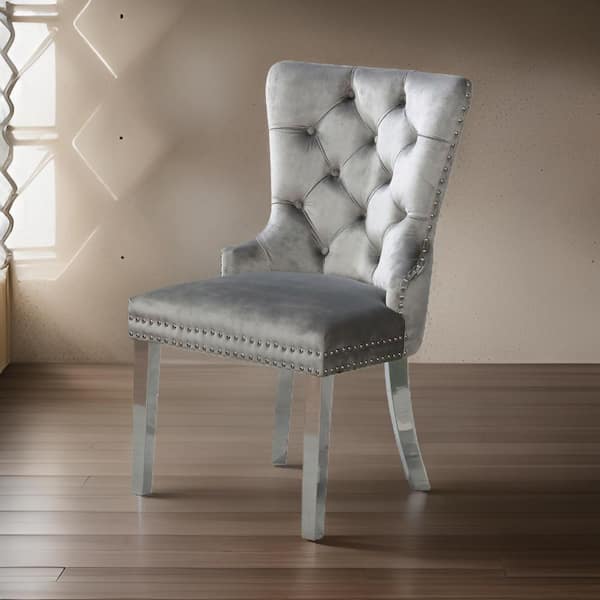 Benjara Gray and Chrome Cotton Side Chair with Padded Back and Cushioned Seats (Set of 2)