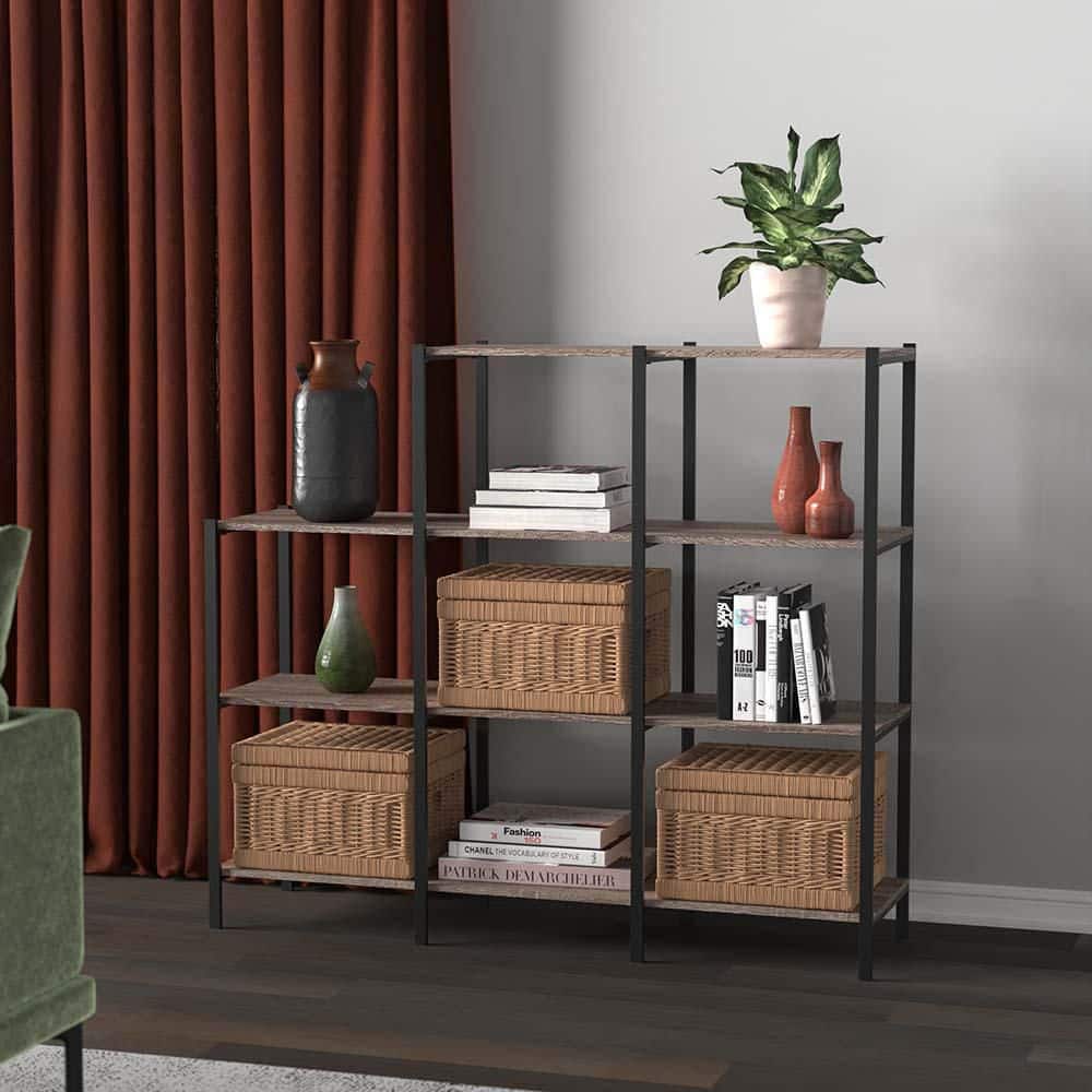 Weathered Gray 4-Tier Industrial Wood and Metal Bookcase