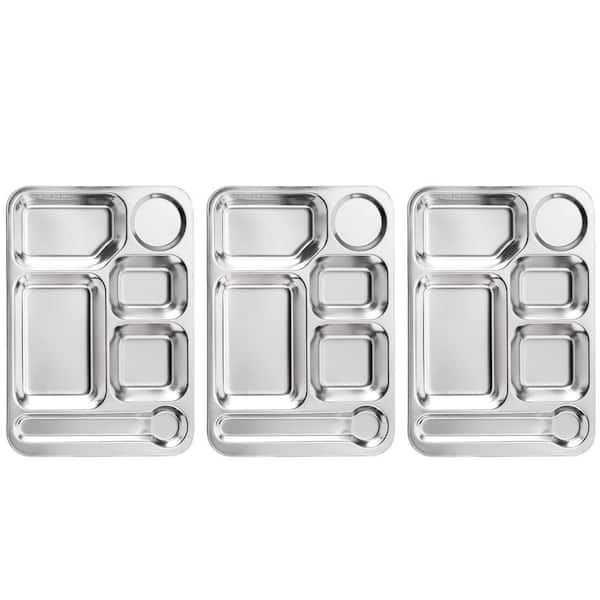 4-Pack Silver Stainless Steel Rectangular Divided Dinner Tray Plates, 6 Sections Stainless Steel Metal Plate for Adults