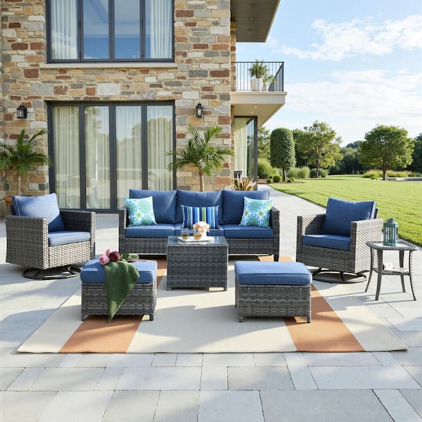 New Vultros Gray 7-Piece Wicker Outdoor Patio Conversation Set with Denim Blue Cushions and Swivel Rocking Chairs