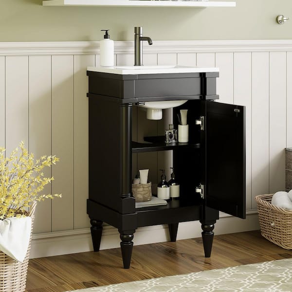 18 in. Freestanding Black Bath Vanity with White Ceramic Top, and Adjustable Shelf