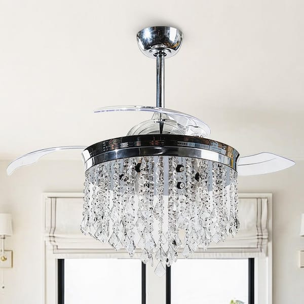 Mateo 42 in. Indoor Downrod Mount Retractable Chrome Ceiling Fan Chandelier with Light Kit and Remote Control