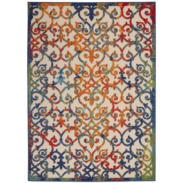 Ivory, Blue 10 ft. x 13 ft. Woven Polypropylene Indoor/Outdoor Area Rug