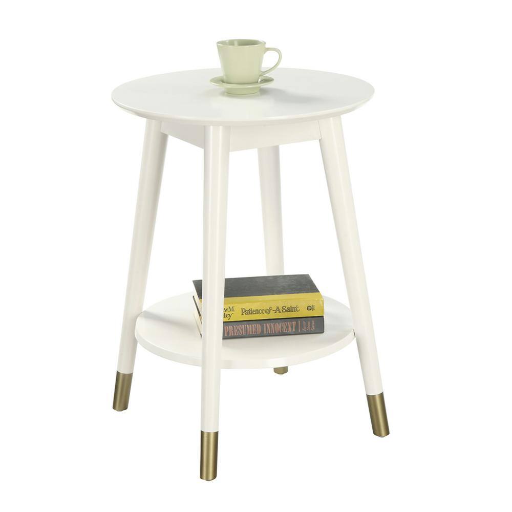 White Solid Rubberwood Round End Table with Bottom Shelf