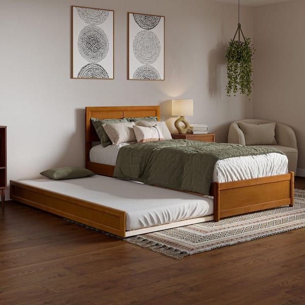Lylah Light Toffee Natural Bronze Solid Wood Frame Twin XL Platform Bed with Panel Footboard and Twin XL Trundle