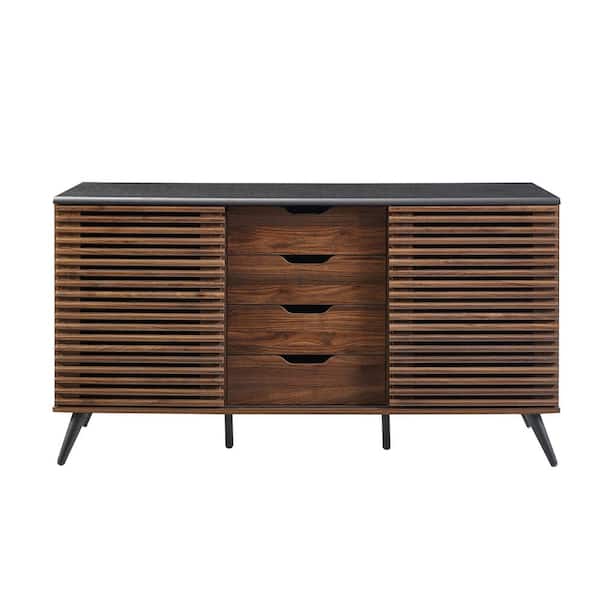 Walker Edison Furniture Company Ebony and Dark Walnut Wood Sideboard with Sliding Slatted Doors