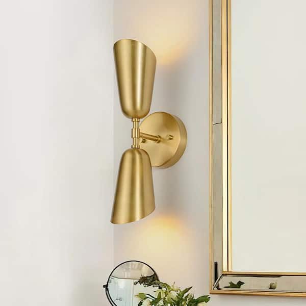 HUOKU Paige 2-Light 4.7 in. W Aged Brass Wall Sconce Metal Cone Shade Up & Down Lighting Suitable for Bedside Fireplace Side