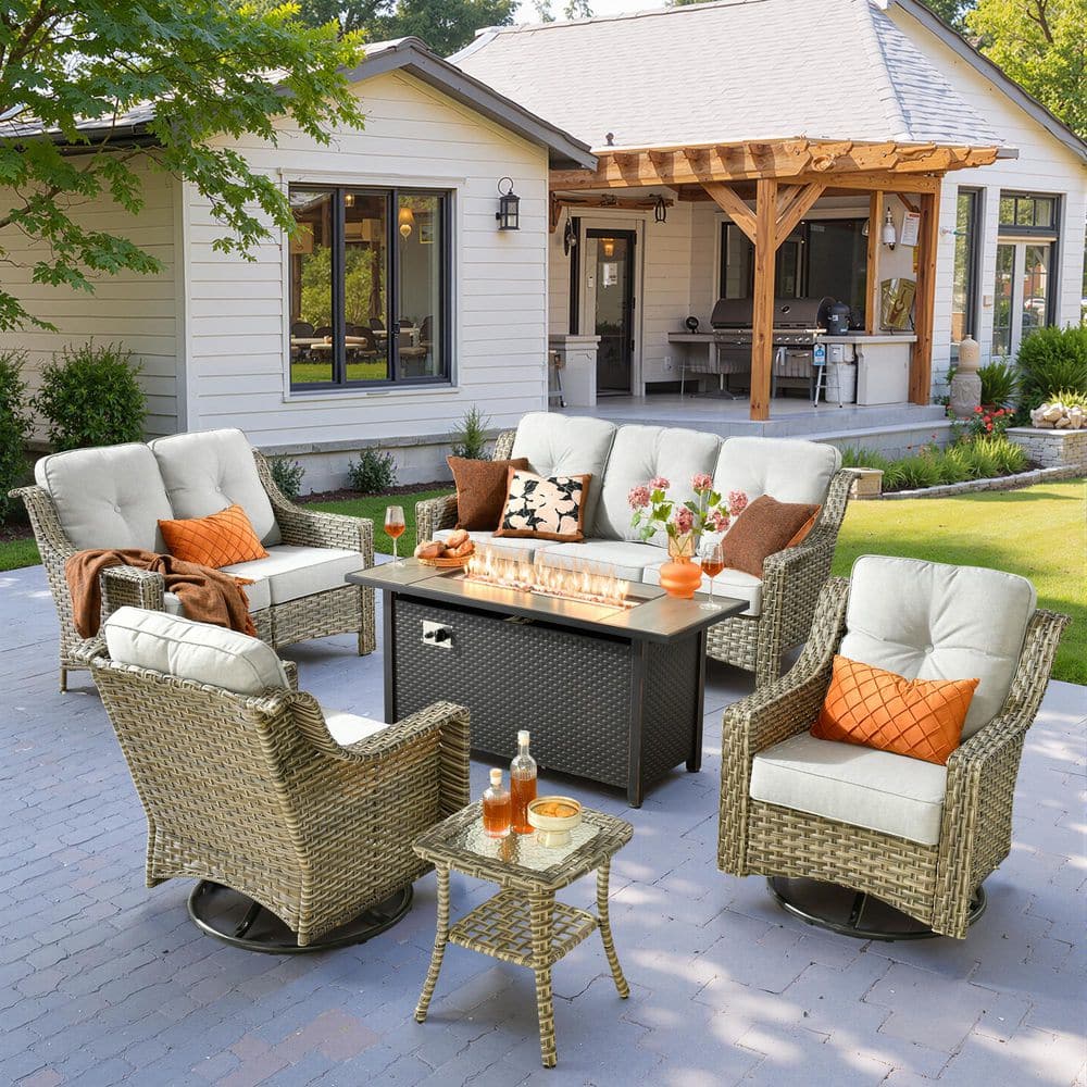 Palffy Gray 6-Piece Wicker Patio 54 in. Rectangle Fire Pit Conversation Set with Gray Cushions and Swivel Chairs price history on PriceWatchPro