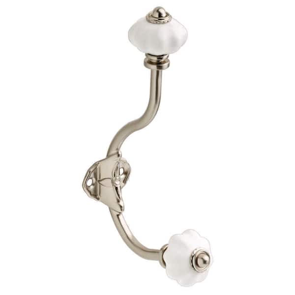 Liberty 6-3/4 in. Satin Nickel Coat Hook with White Ceramic Melon Knob Accents